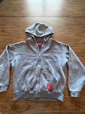 PACSUN- Blue Hooded Zip-Up Sweatshirt with Red Patch